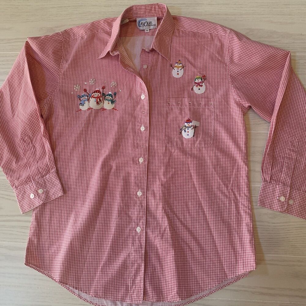 Las Olas Womens Size Medium Embroidered Blouse Red White Checkers‎ Long Sleeve